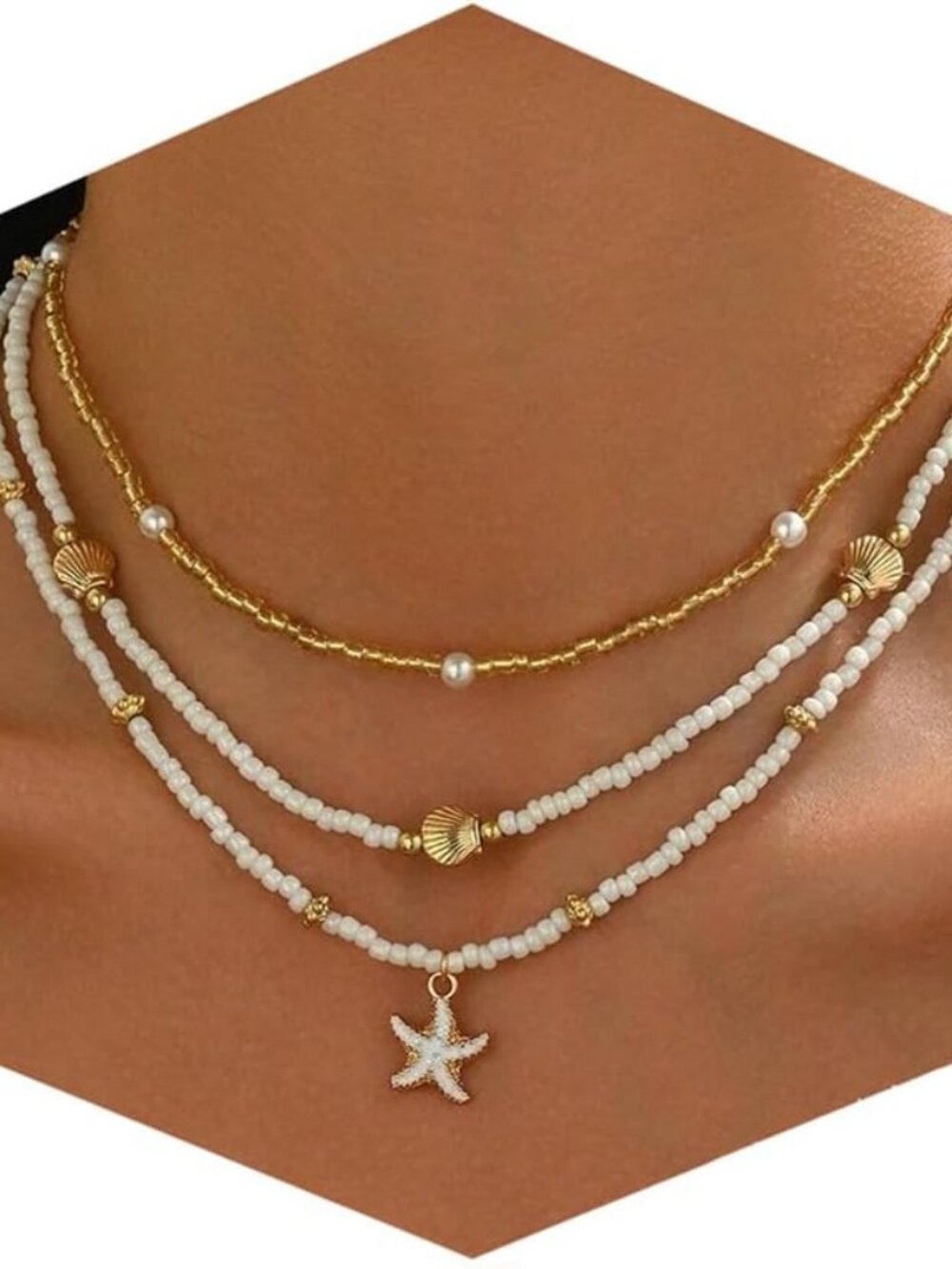 Shell Starfish Necklace for Women, 14k Gold Plated Boho Layered Beaded Charm Pen